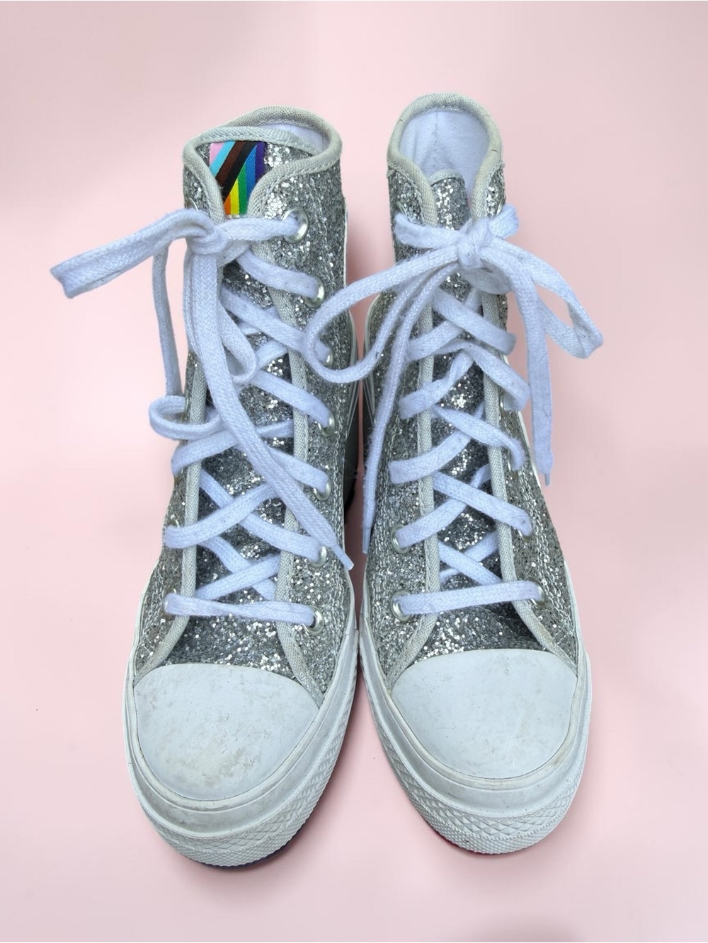 Converse Chuck 70 De Luxe Heel Disco Glam Silver Glitter Pride Chunky women sz 5 - Picture 3 of 13